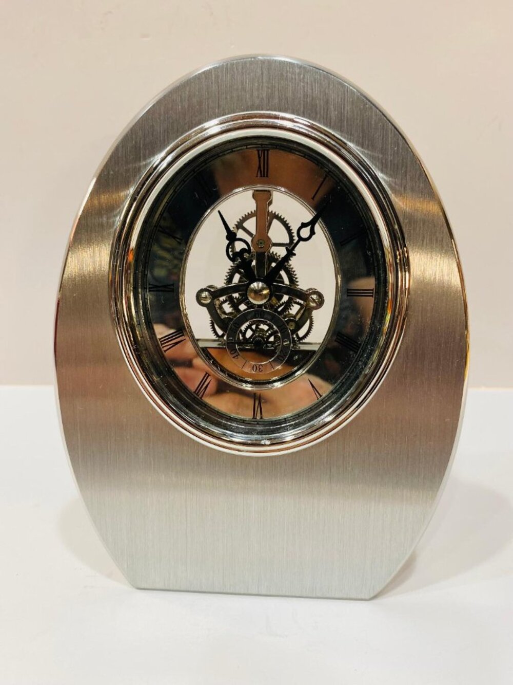 Stainless Steel and Glass Mantle Skeleton Clock